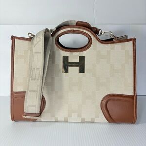 H by Halston Cream and Tan Monogram Large Tote Crossbody Bag Timeless Luxury